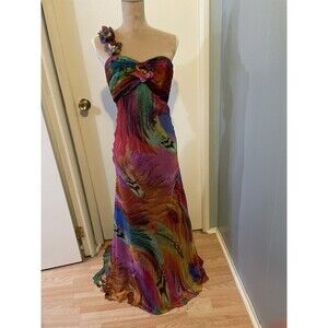 Morilee Formal Prom Dress Peacock Feather Multi Floral Open Back Fairy Sz 9/10